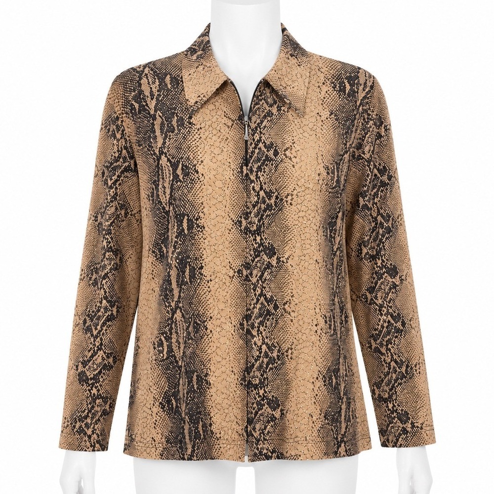 Clara S Snakeskin Blouse Size Large Brown Gold Metallic Quarter Zip Pullover Top